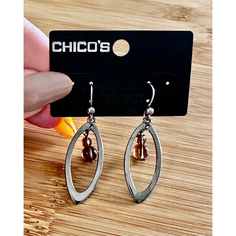 Chicos Lilybelle Silver Tone Oval Hoop Smoky Brown Beaded Drop Earrings NEW - Picture 4 of 8